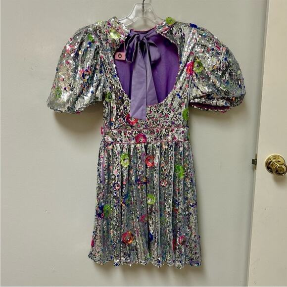 CeliaB Wonderer Silver Sequins Floral Statement Puff Sleeves Mini Dress NEW XXS - Picture 9 of 14